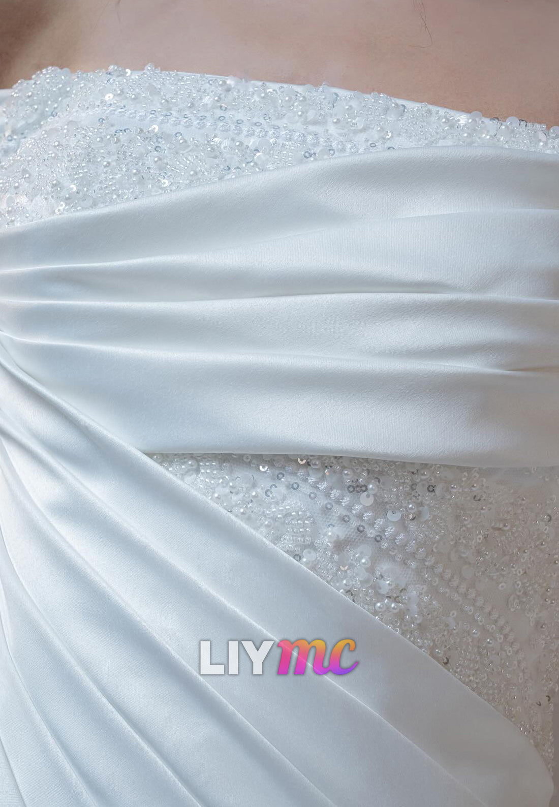 Off-Shoulder Beaded Sleeveless Mermaid Satin Wedding Dress