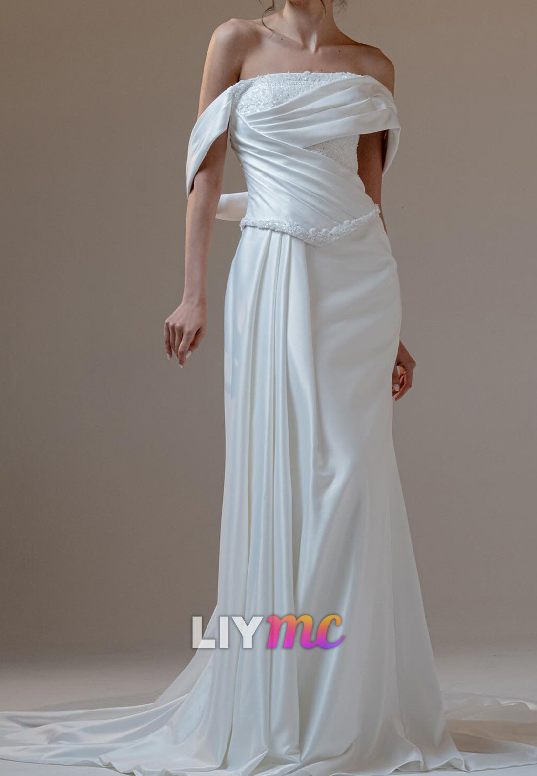 Off-Shoulder Beaded Sleeveless Mermaid Satin Wedding Dress