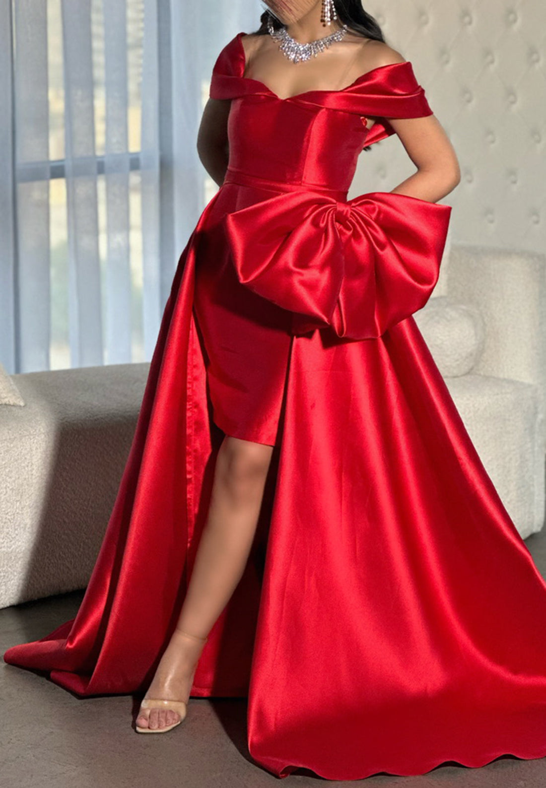 Off-Shoulder Bowknot Sleek Satin High-Low Detachable Train Evening Dress