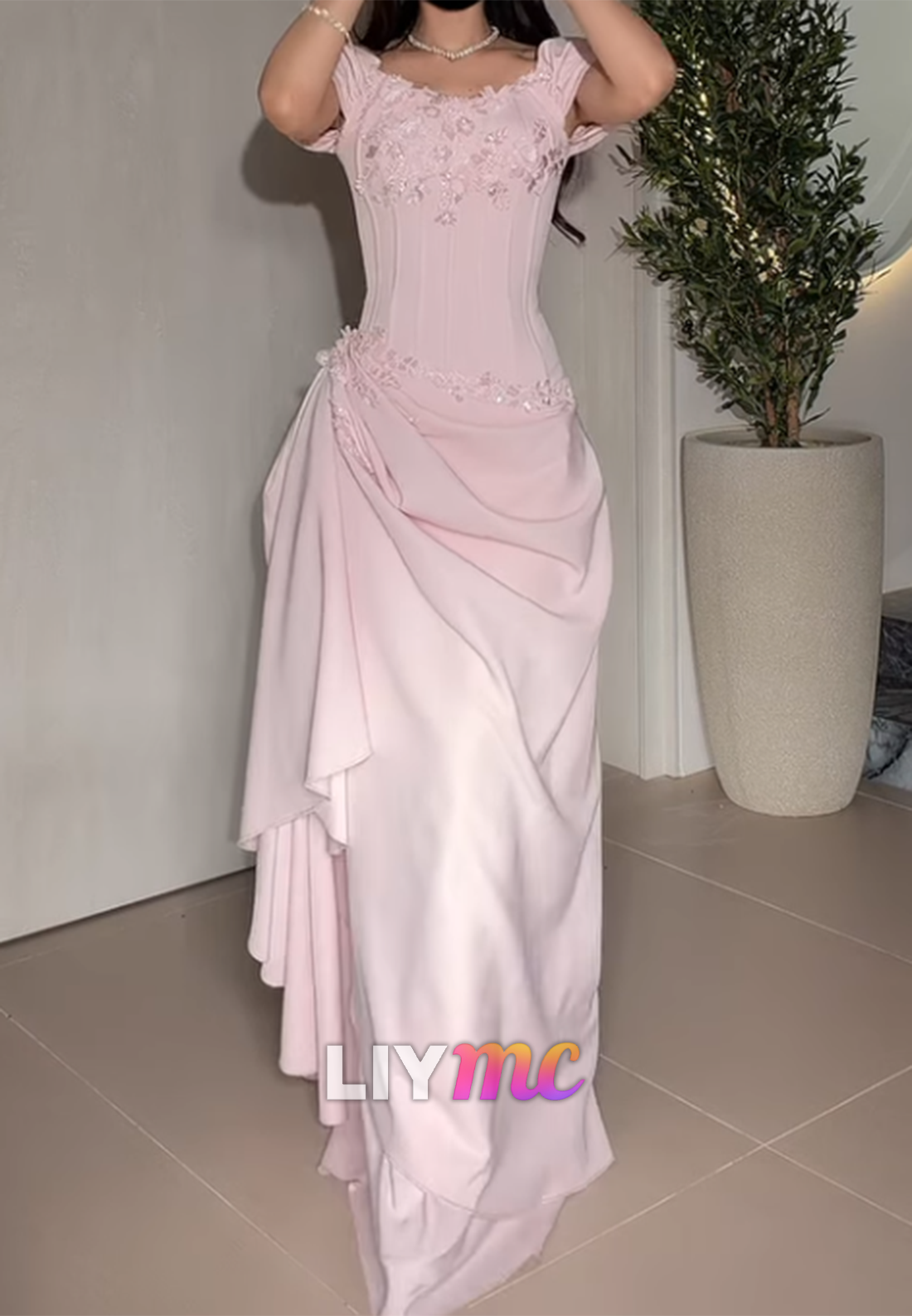 Off-Shoulder Cap Sleeves Beaded A-Line Prom Dress