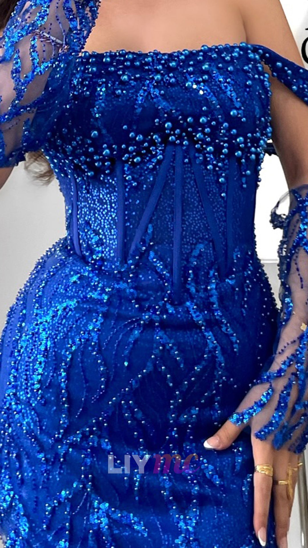 Off-Shoulder Cap Sleeves Beaded Embroidery Mermaid Prom Dress