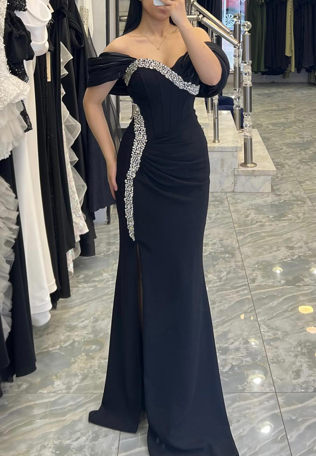 Off-Shoulder Cap Sleeves Beaded Mermaid Evening Dress