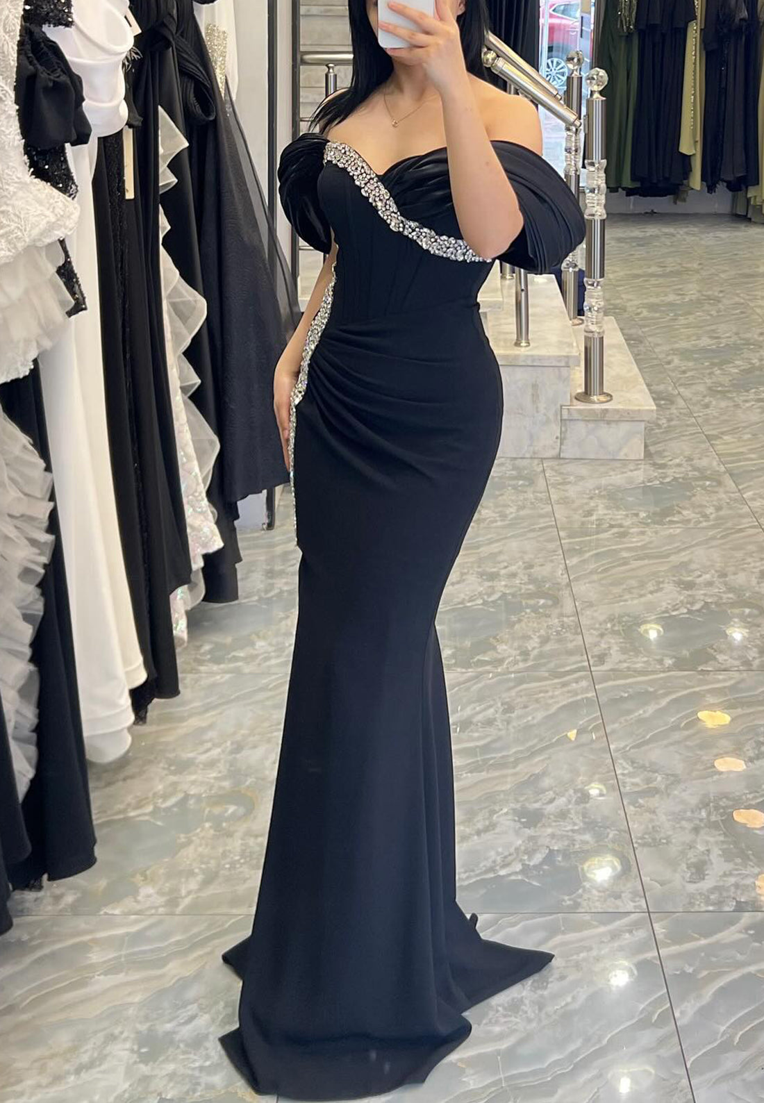 Off-Shoulder Cap Sleeves Beaded Mermaid Evening Dress