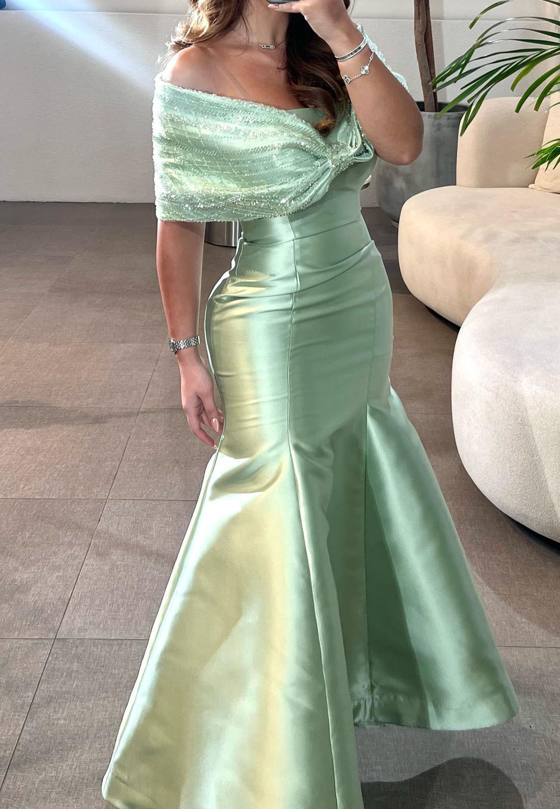 Off-Shoulder Cap Sleeves Beaded Sleek Satin Mermaid Evening Dress