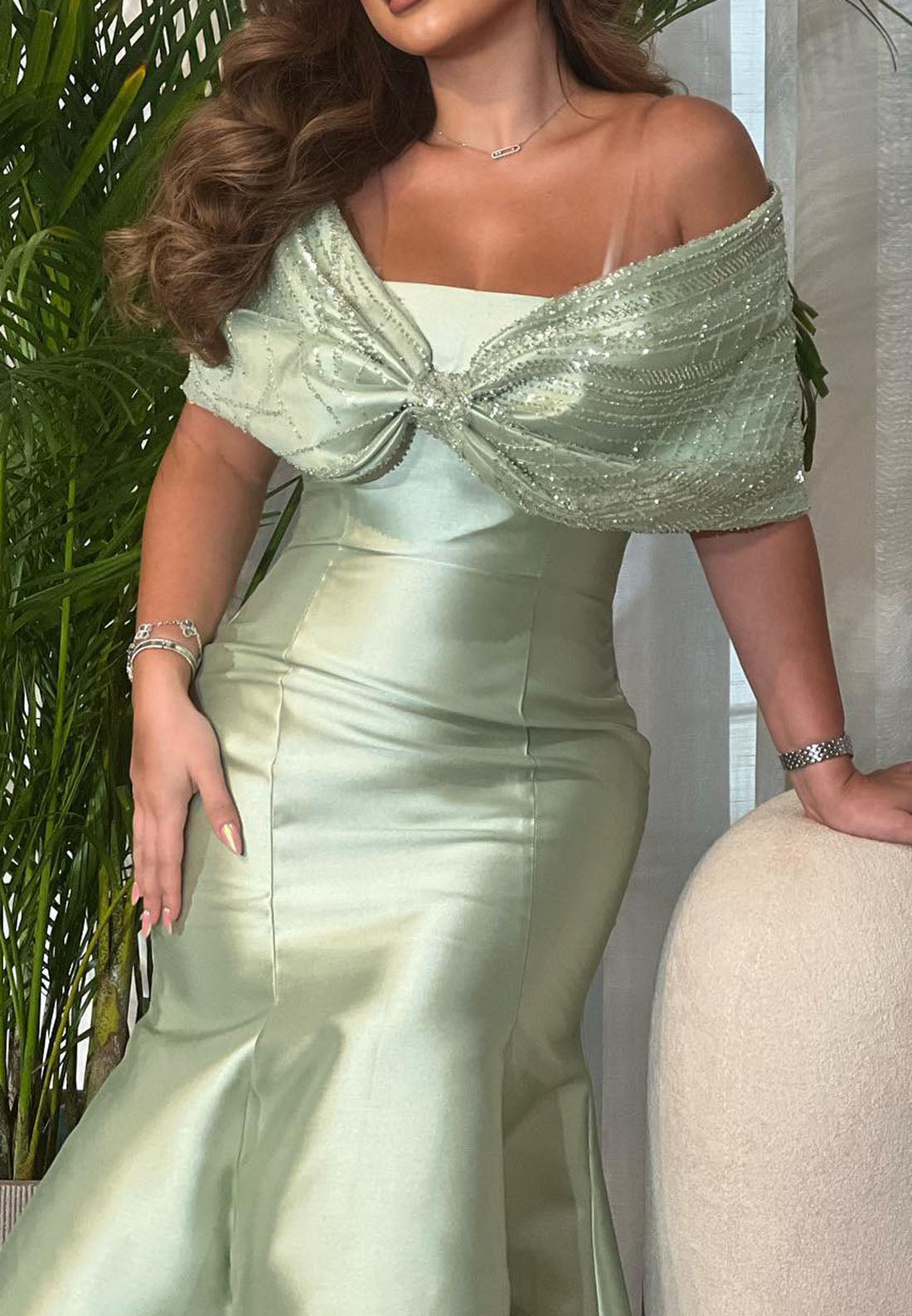 Off-Shoulder Cap Sleeves Beaded Sleek Satin Mermaid Evening Dress