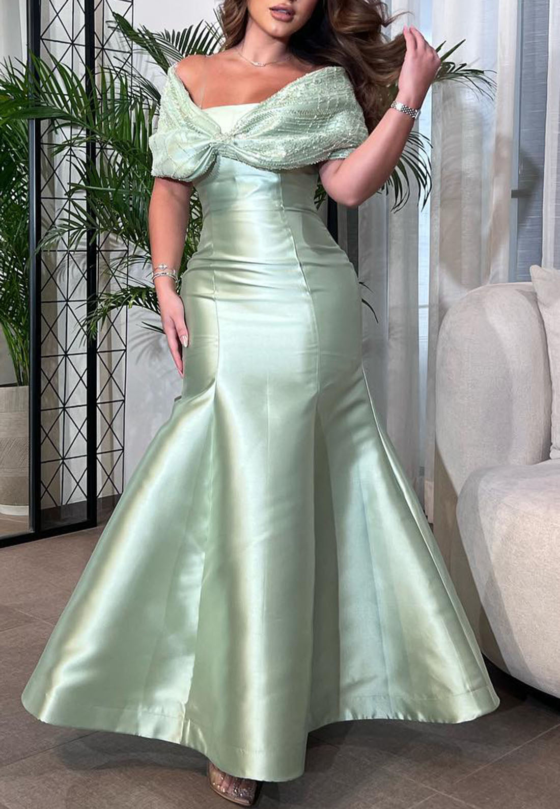 Off-Shoulder Cap Sleeves Beaded Sleek Satin Mermaid Evening Dress