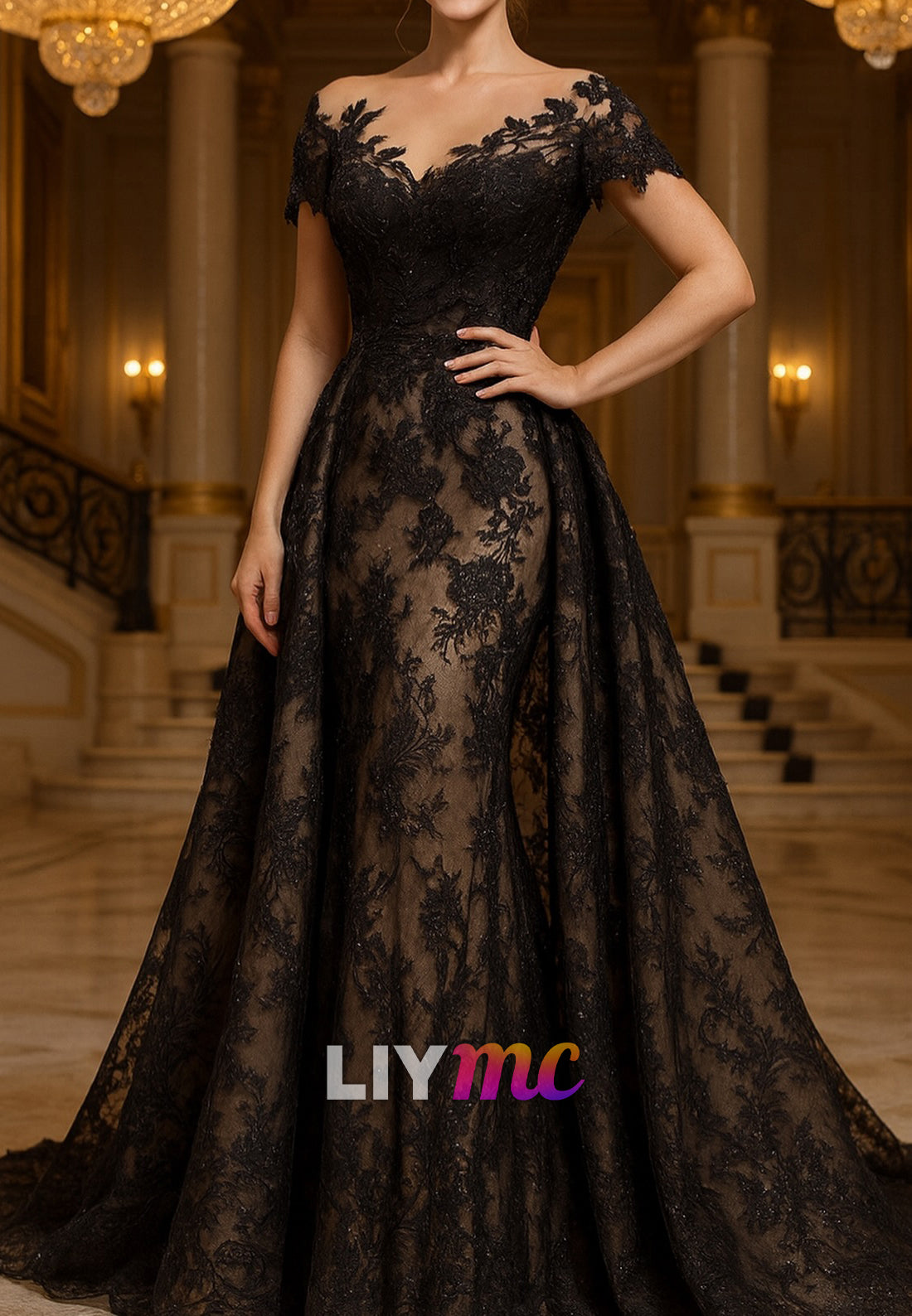 Off-Shoulder Cap Sleeves Lace Appliques Mermaid Evening Dress