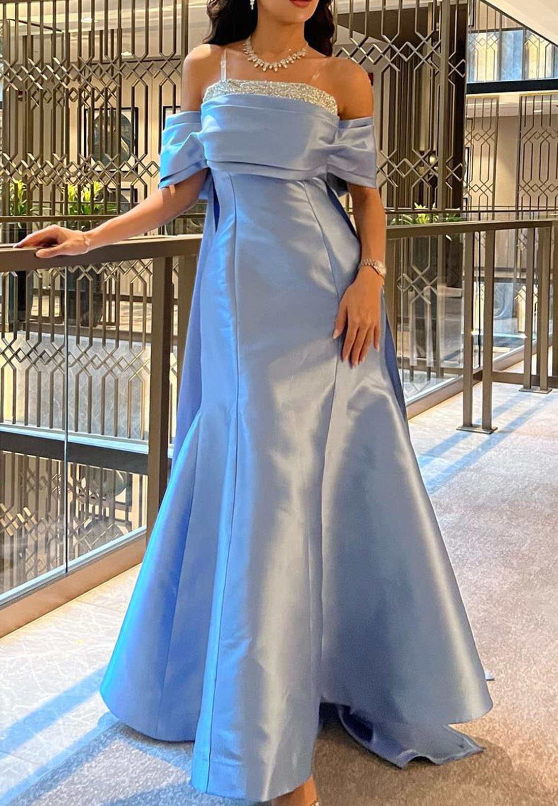 Off-Shoulder Cap Sleeves Mermaid Satin Beaded Evening Dress