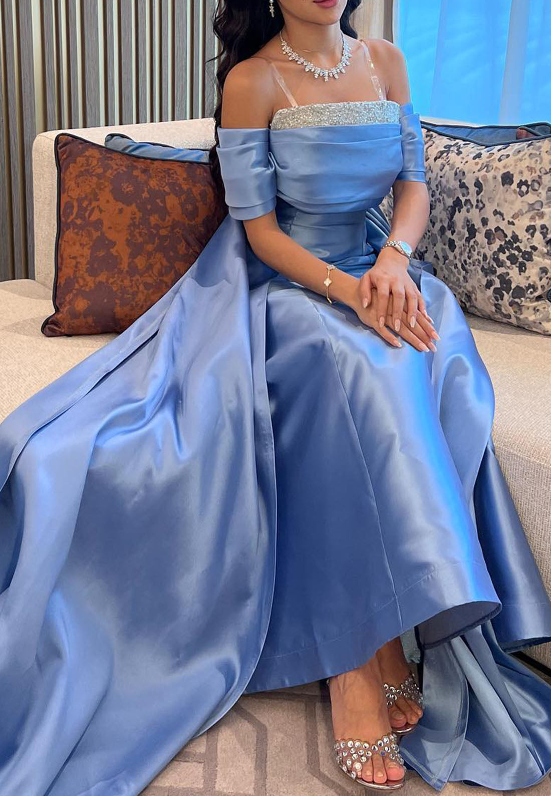 Off-Shoulder Cap Sleeves Mermaid Satin Beaded Evening Dress