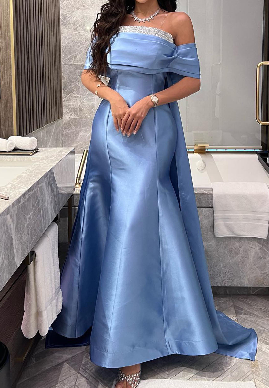 Off-Shoulder Cap Sleeves Mermaid Satin Beaded Evening Dress