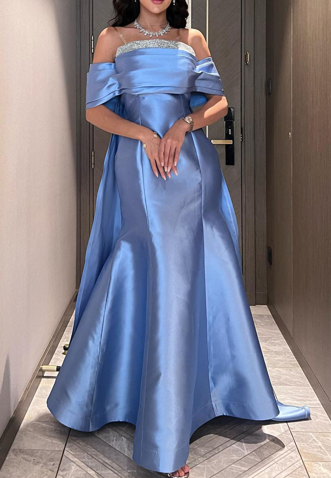 Off-Shoulder Cap Sleeves Mermaid Satin Beaded Evening Dress