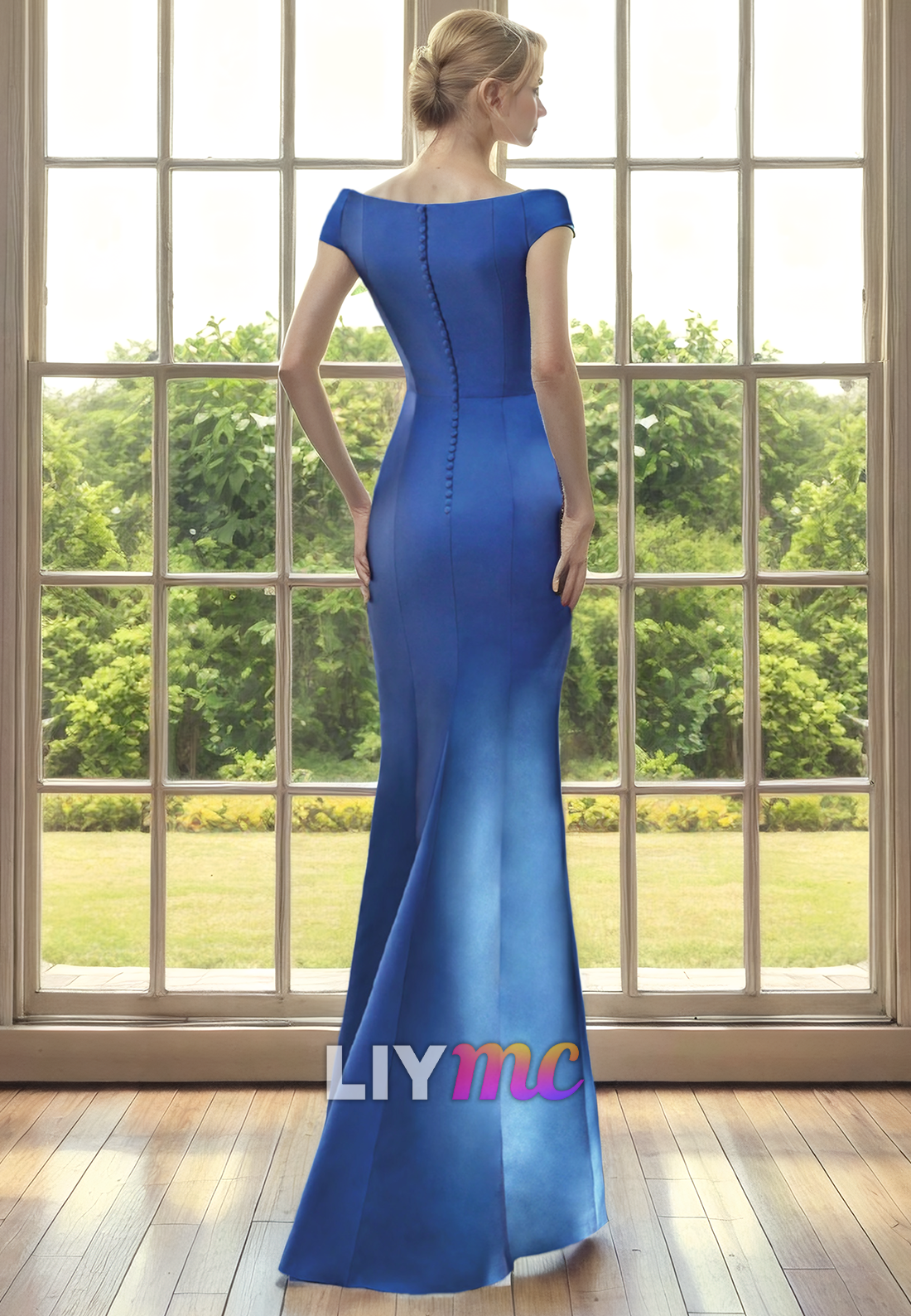 Off-Shoulder Cap Sleeves Ruched Sheath Long Mother of Bride Dress Cocktail Dress