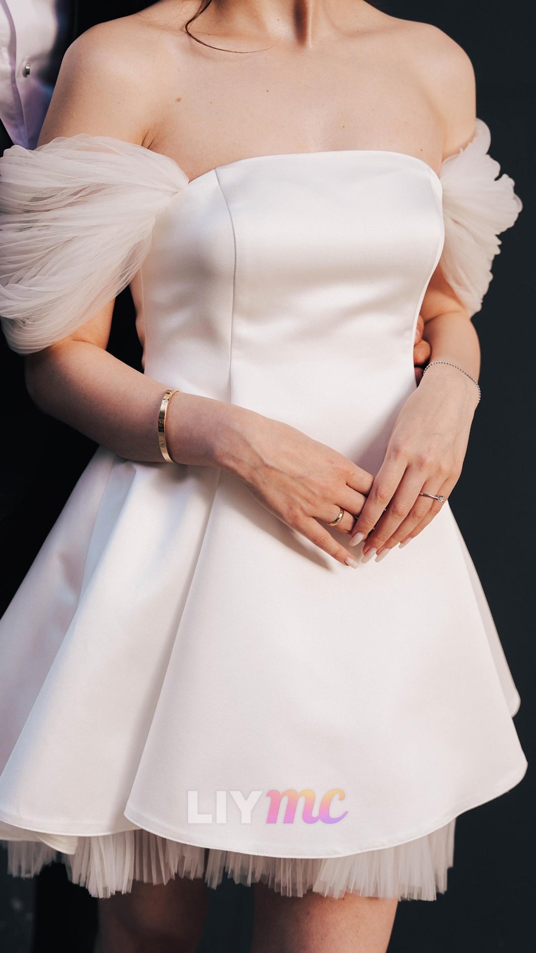 Off-Shoulder Cap Sleeves Short Satin A-Line Wedding Dress