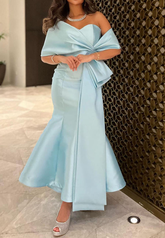 Off-Shoulder Cap Sleeves Sleek Satin Mermaid Evening Dress