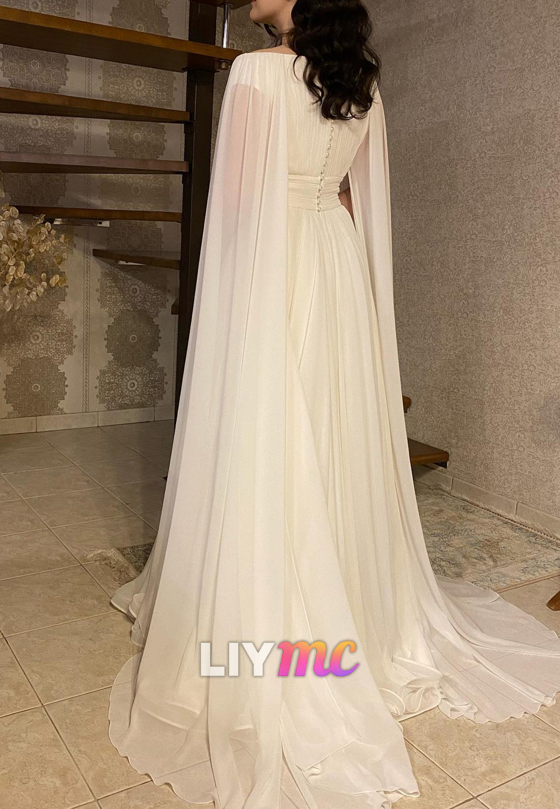 Off-Shoulder Chiffon Pleated Long Sleeves A-Line Wedding Dress