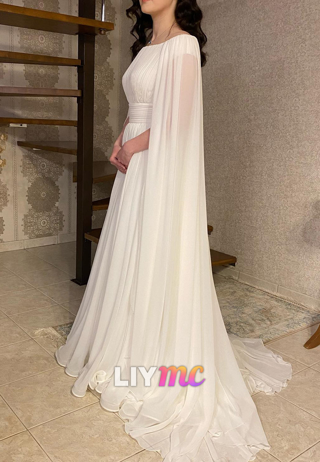 Off-Shoulder Chiffon Pleated Long Sleeves A-Line Wedding Dress