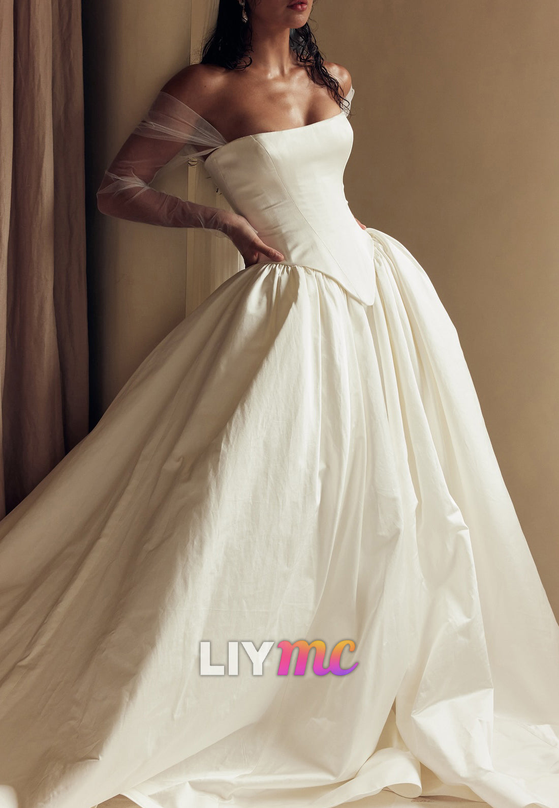 Off-Shoulder Corset Pleated A-Line Wedding Dress