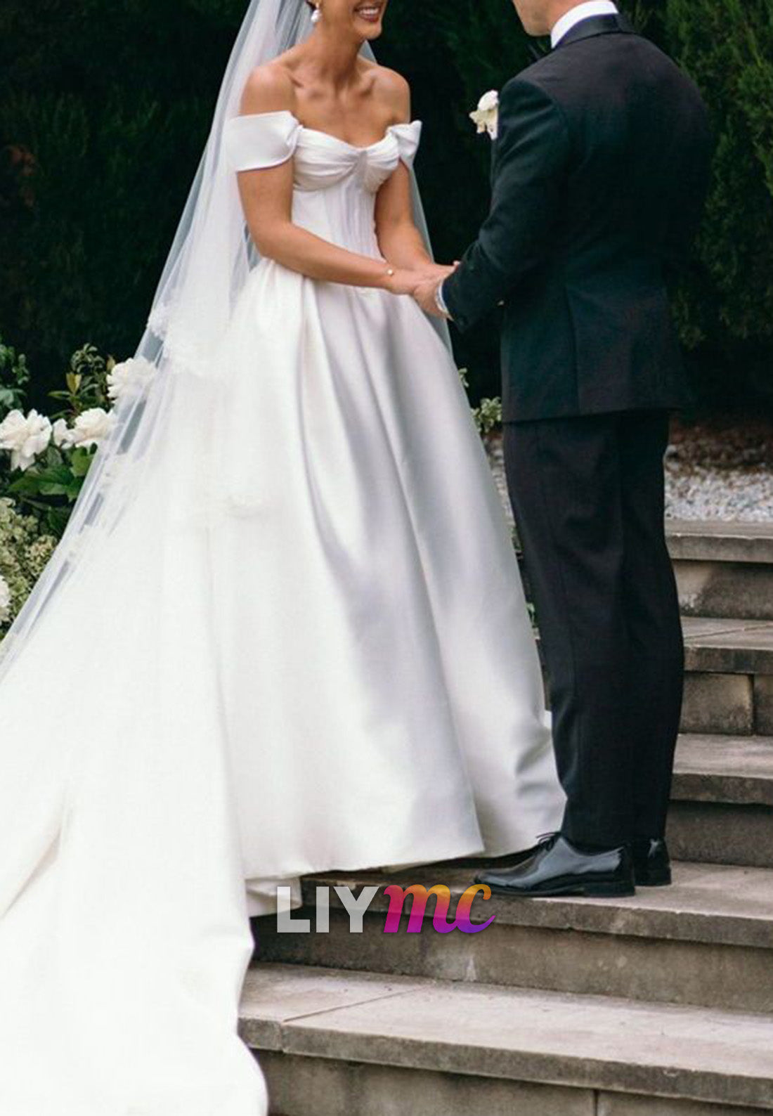 Off-Shoulder Corset Sleeveless Pleated A-Line Wedding Dress
