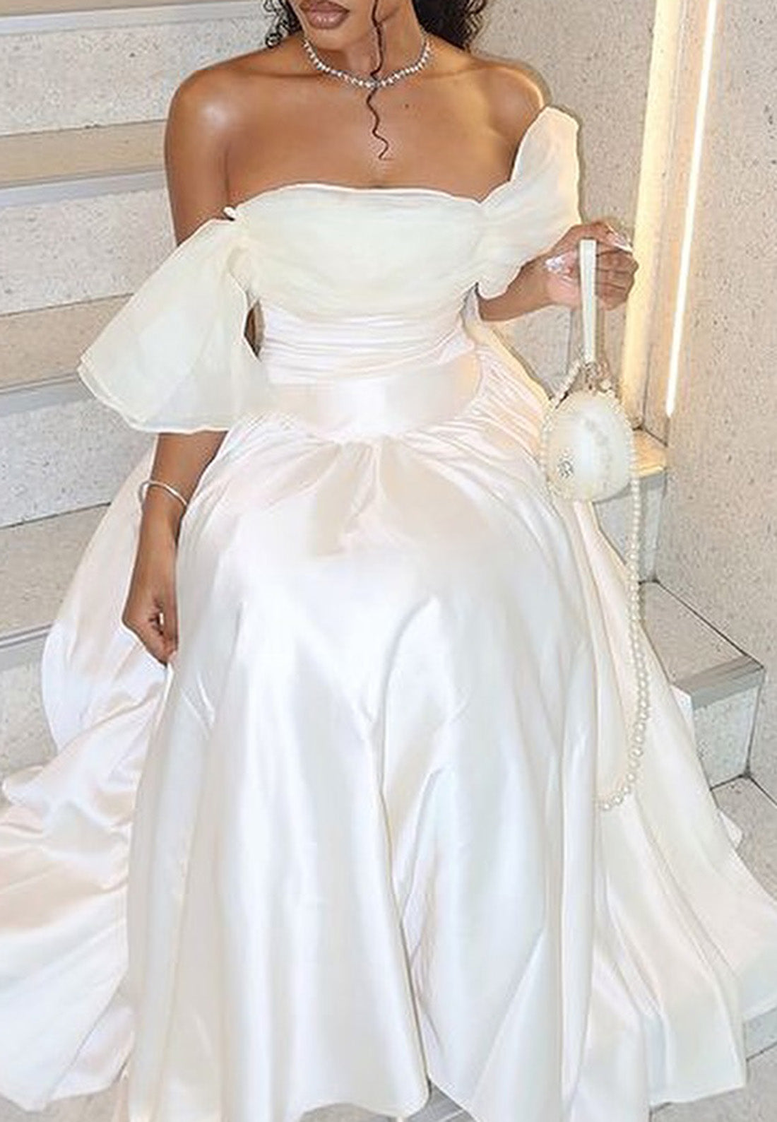 Off-Shoulder Empire Waist Pleated A-Line Wedding Dress