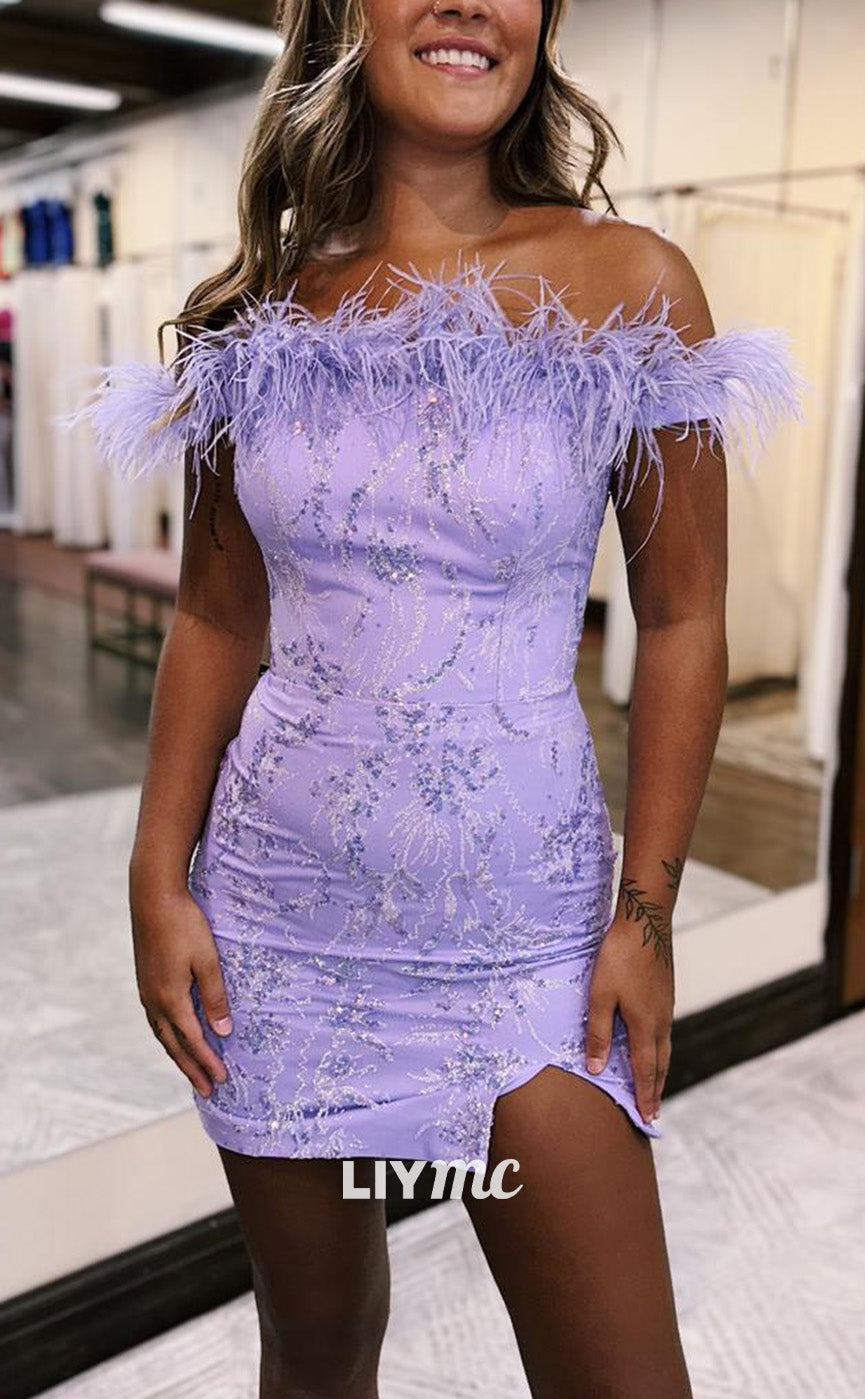 LY332 - Off-Shoulder Feathered Appliques Sheath Short Homecoming Dress