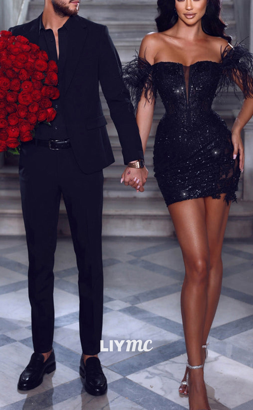LY094 - Off-Shoulder Feathered Sequins Sparkly Short Homecoming Graduation Dress