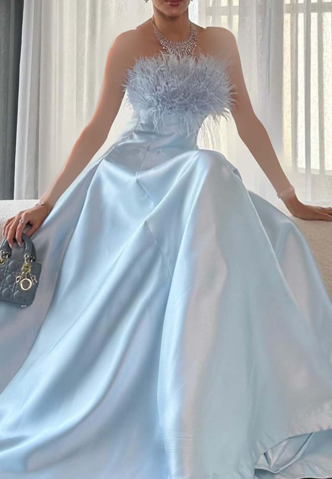 Off-Shoulder Feathered Sleek A-Line Sky Blue Formal Dress