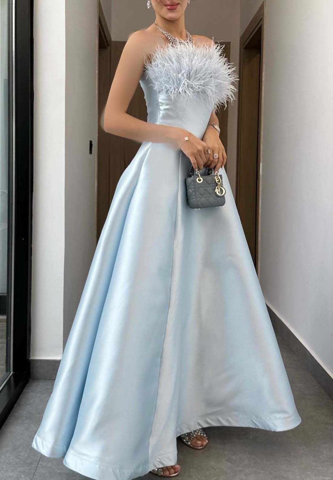 Off-Shoulder Feathered Sleek A-Line Sky Blue Formal Dress