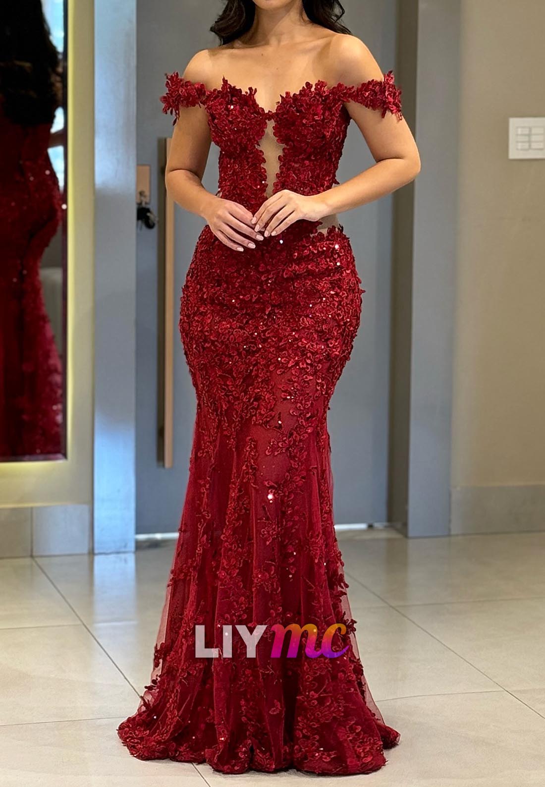 Off-Shoulder Floral Appliques Mermaid Prom Dress