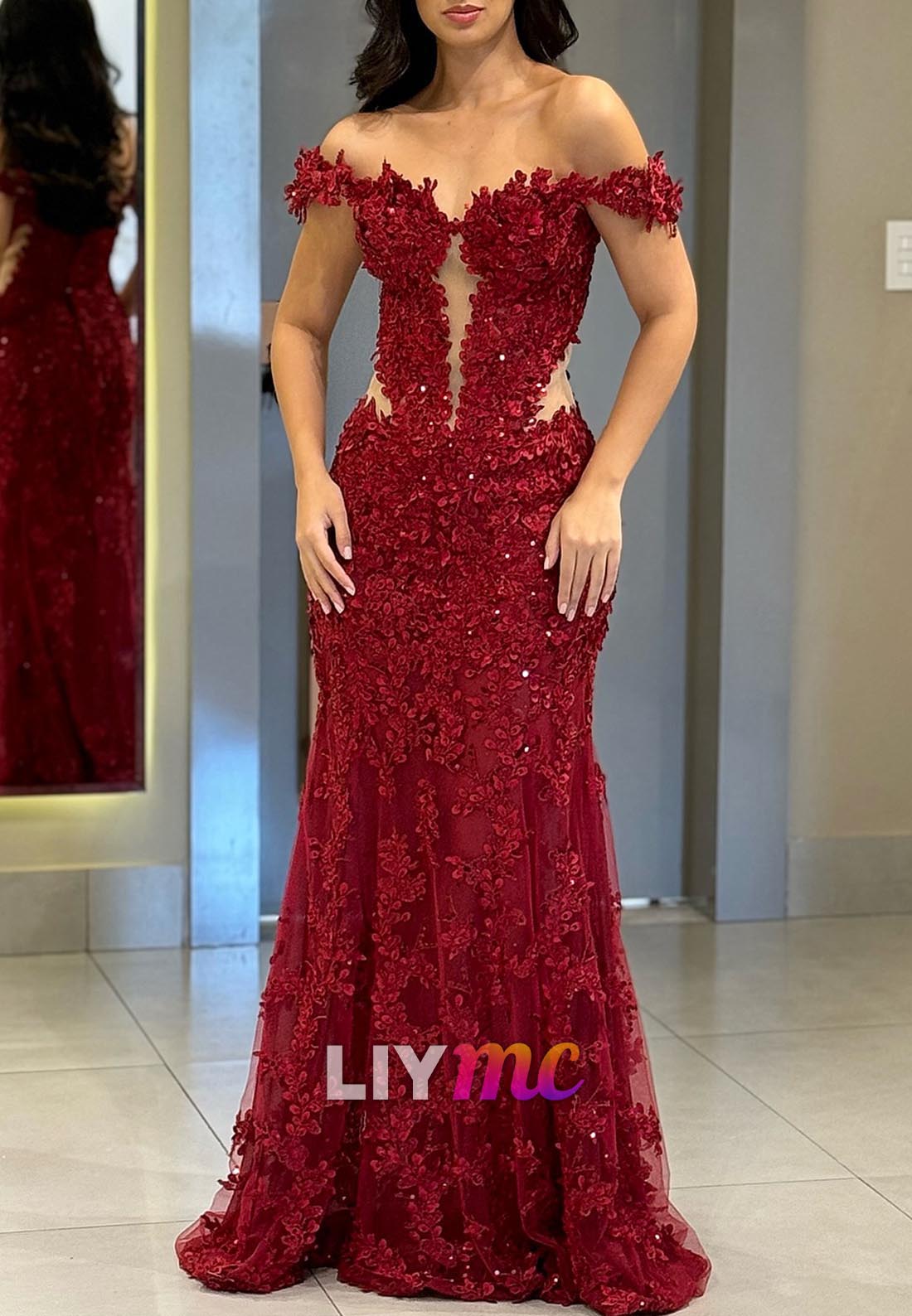 Off-Shoulder Floral Appliques Mermaid Prom Dress