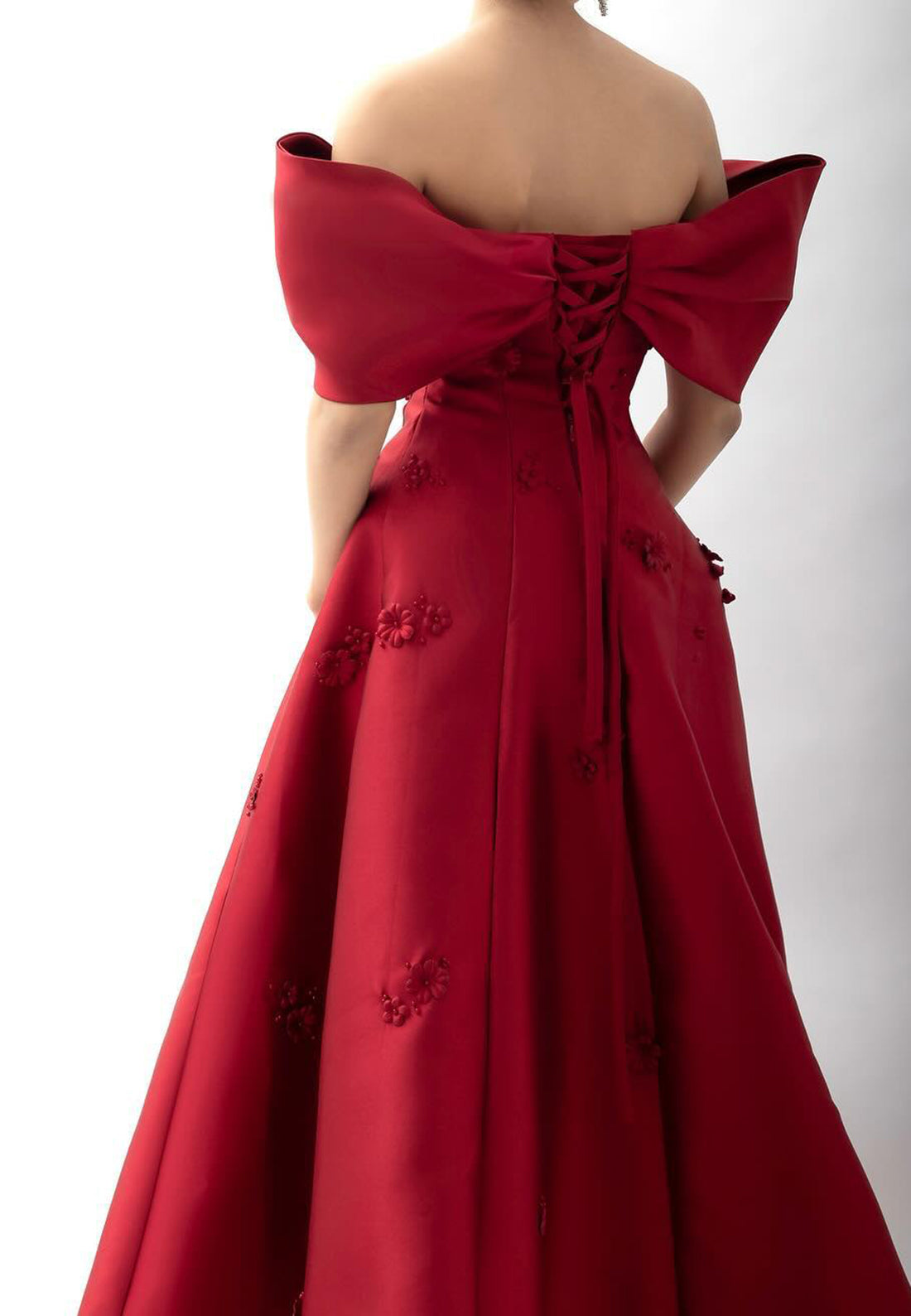 Off-Shoulder Floral Embellished Red Satin A-Line Prom Dress