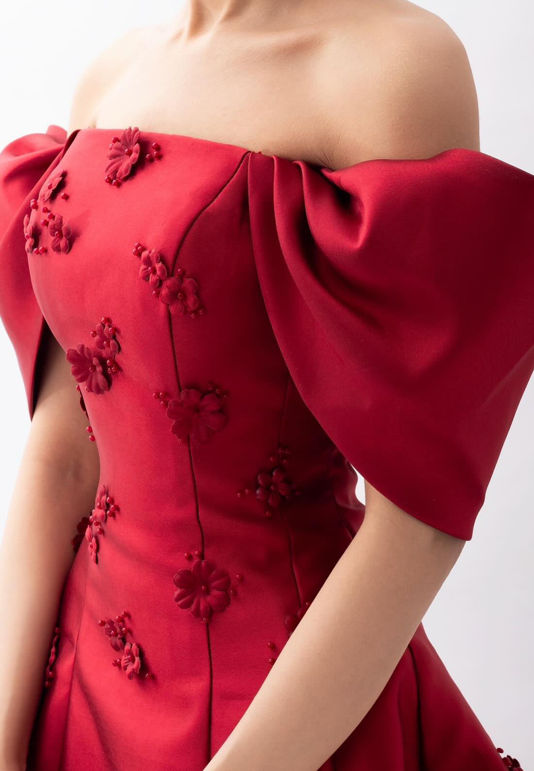 Off-Shoulder Floral Embellished Red Satin A-Line Prom Dress