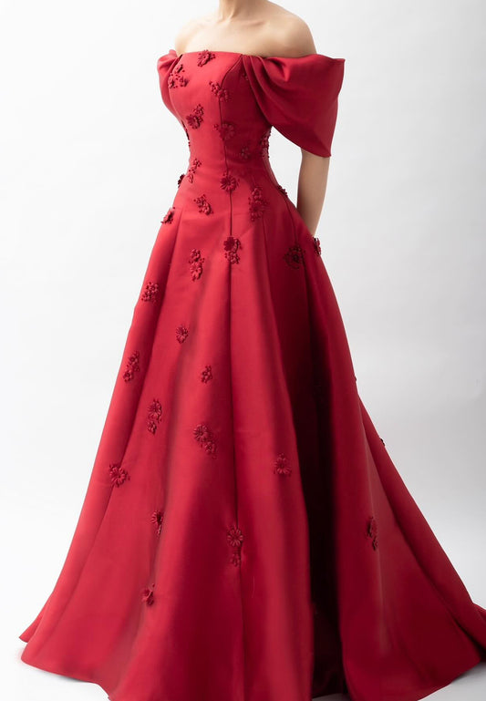 Off-Shoulder Floral Embellished Red Satin A-Line Prom Dress