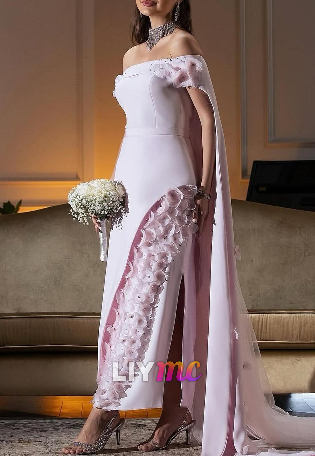 Off-Shoulder Floral Embellished Sheath Evening Dress