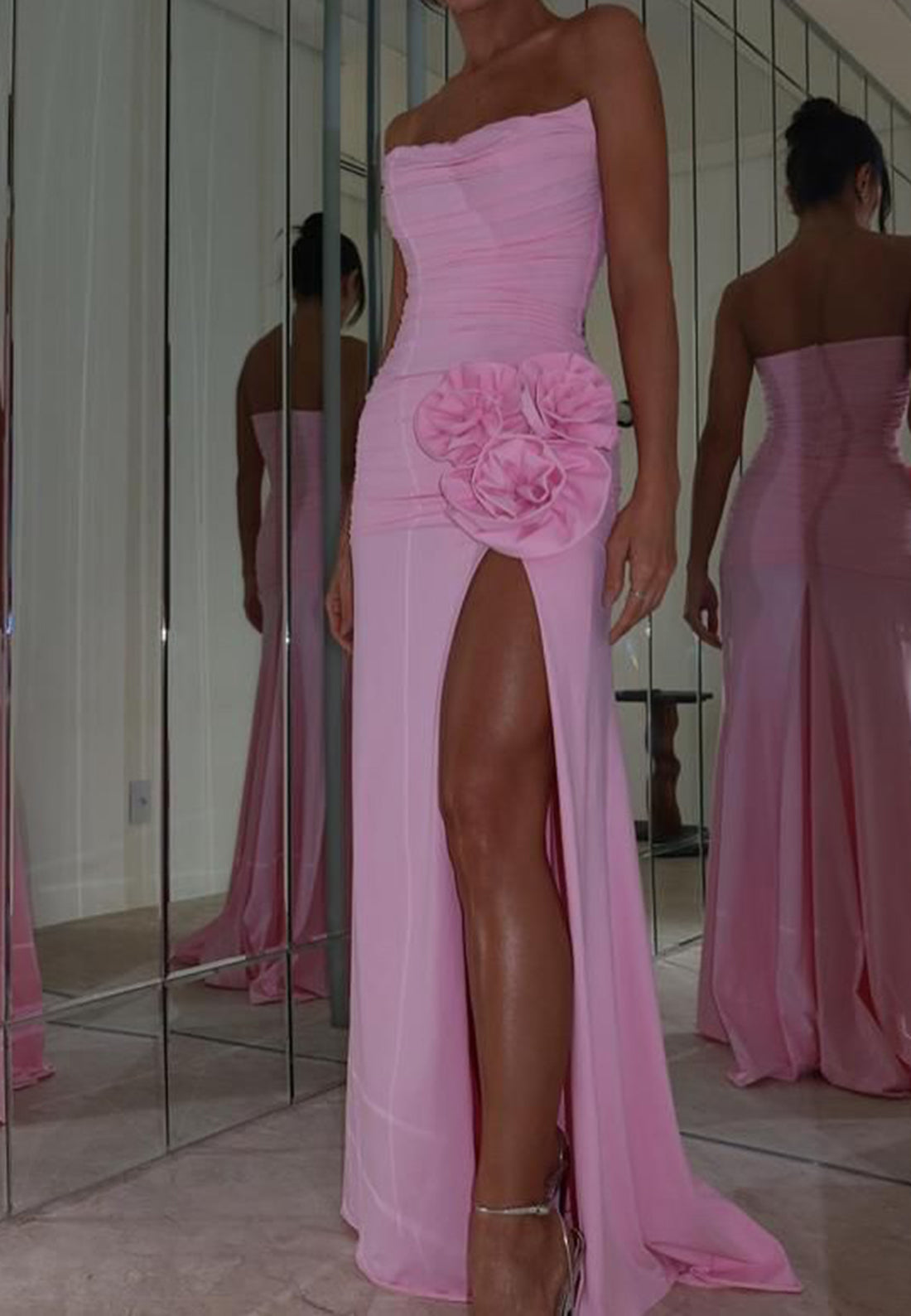 Off-Shoulder Floral Embellished Side Slit Evening Dress Pleated Sheath Prom Dress