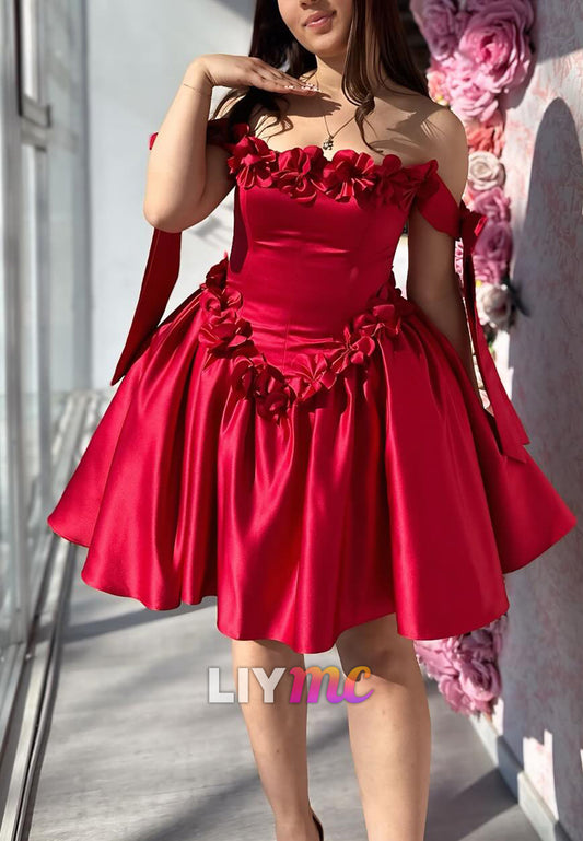 Off-Shoulder Floral Pleated Short Homecoming Party Dress