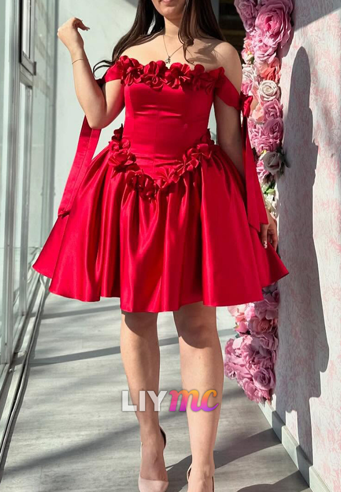 Off-Shoulder Floral Pleated Short Homecoming Party Dress