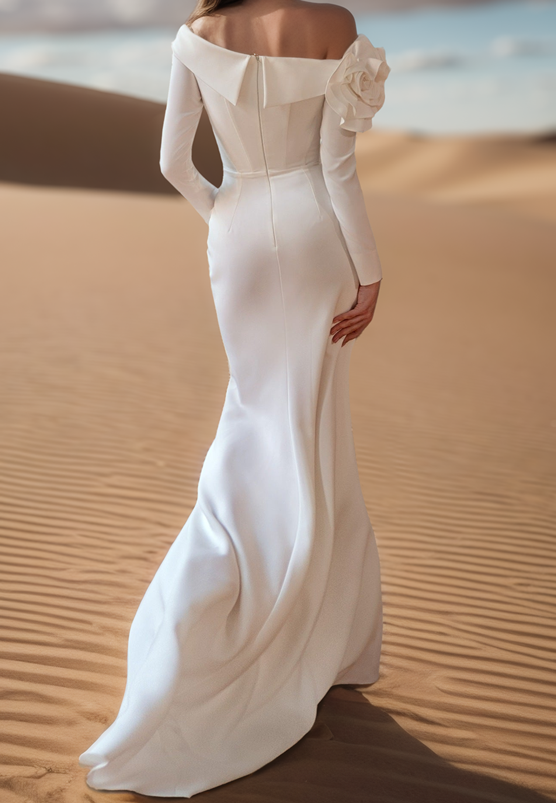 Off-Shoulder Floral Pleated Sleek Mermaid Wedding Dress