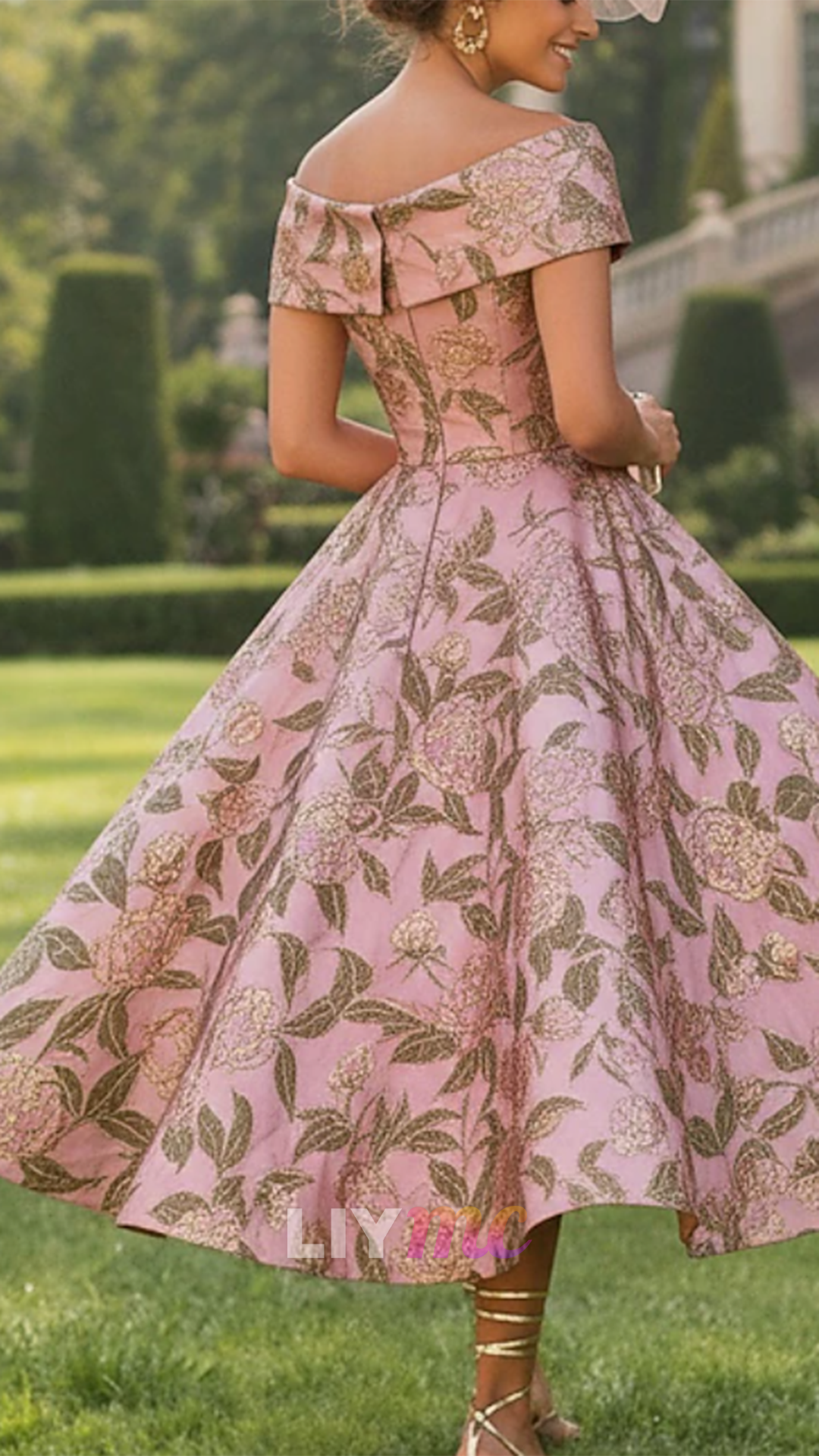 Off-Shoulder Floral Printed A-Line Satin Mother of Bride Dress