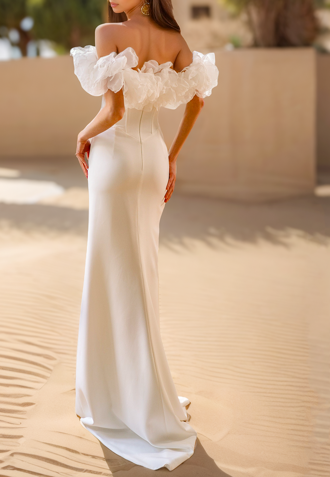 Off-Shoulder Floral Puff Sleeves Side Slit Sheath Beach Wedding Dress
