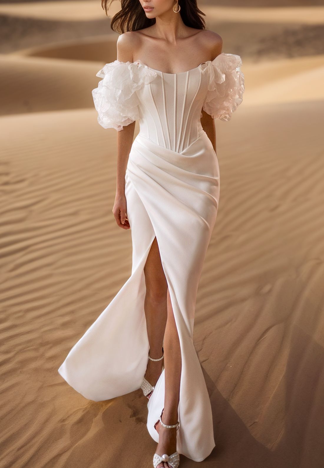 Off-Shoulder Floral Puff Sleeves Side Slit Sheath Beach Wedding Dress