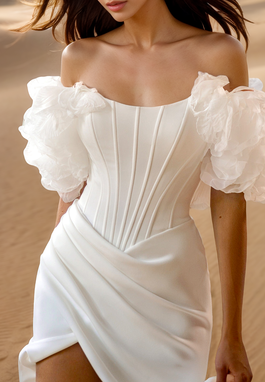 Off-Shoulder Floral Puff Sleeves Side Slit Sheath Beach Wedding Dress