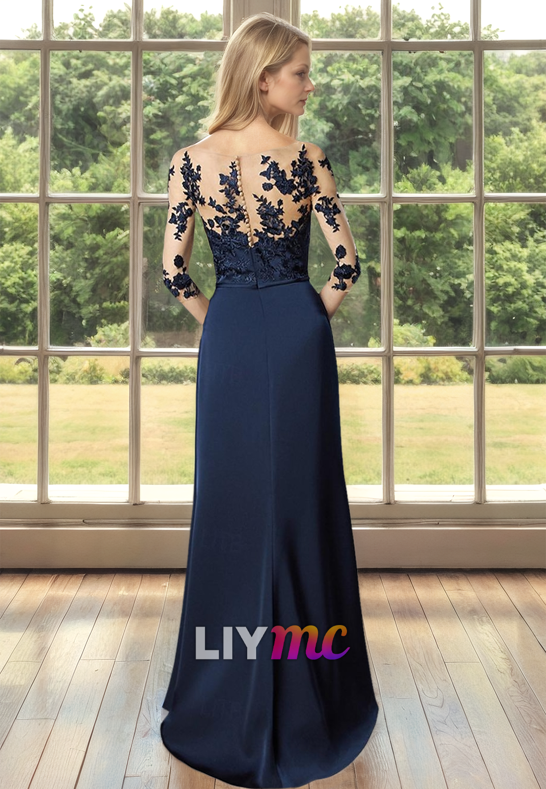 M1081 - Column Mother of the Bride Dress Wedding Jewel Neck Floor Length Chiffon 34 Length Sleeve with Appliques