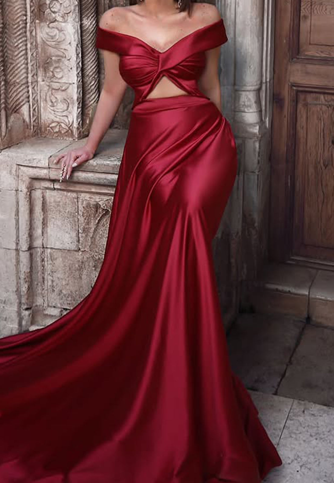 Off-Shoulder Illusion Pleated Sleek Satin Sheath Evening Dress