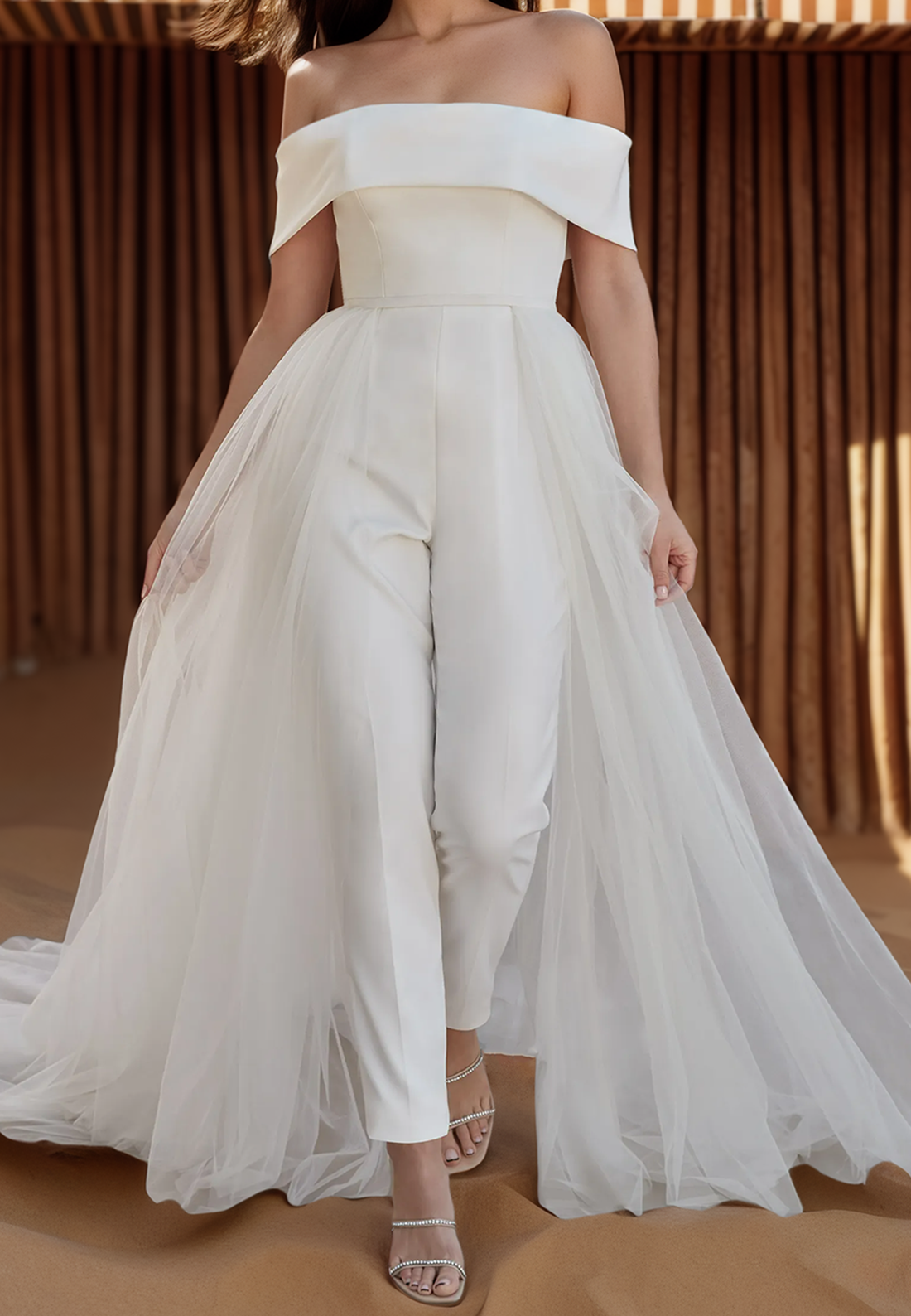 Off-Shoulder Jumpsuit Satin Tulle Wedding Dress