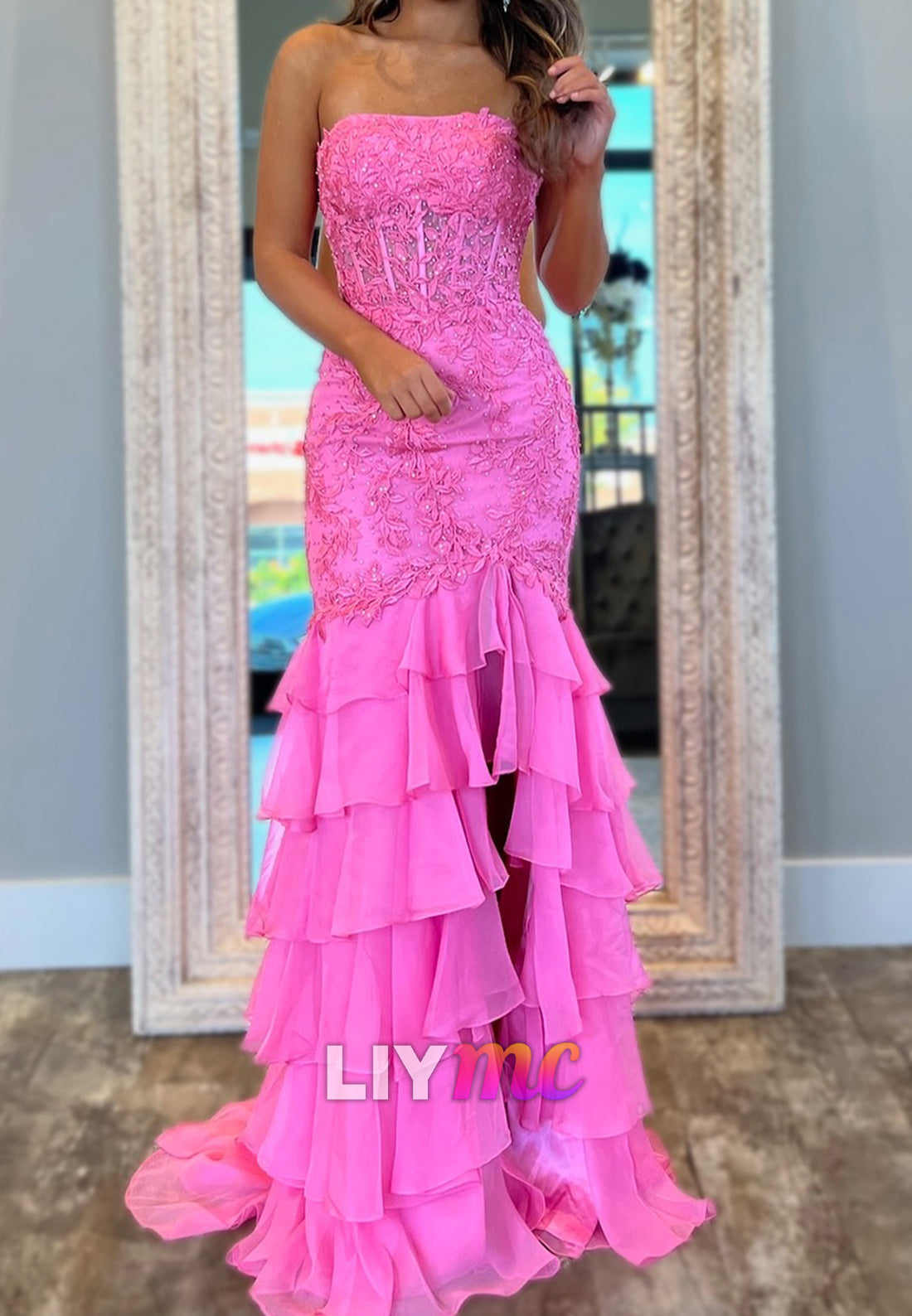 Off-Shoulder Lace Appliques Chiffon Tiered A-Line Prom Dress