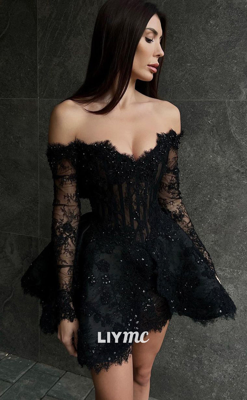 LY046 - Off-Shoulder Lace Appliques Long Sleeves A-Line Short Homecomi Liymc LY046 - Off-Shoulder Lace Appliques Long Sleeves A-Line Short Homecomi Liymc