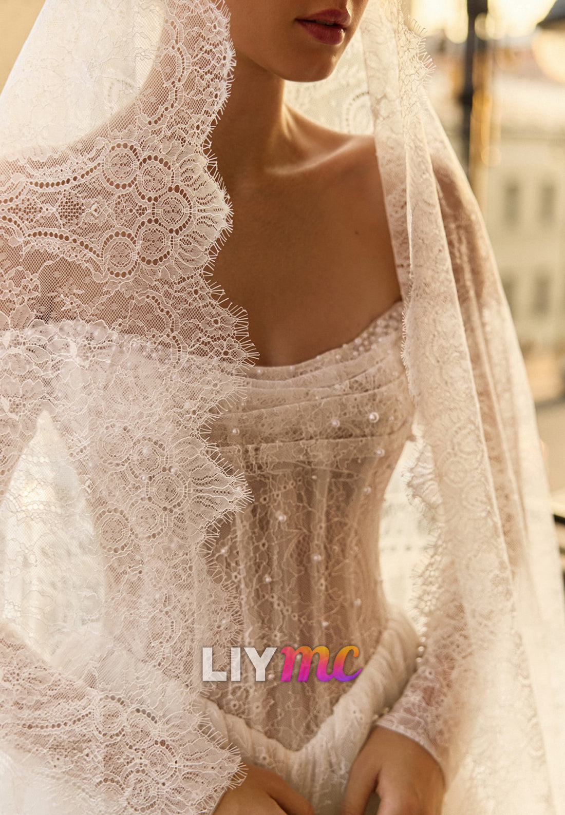 Off-Shoulder Long Sleeves Lace Appliques Pearl A-Line Wedding Dress