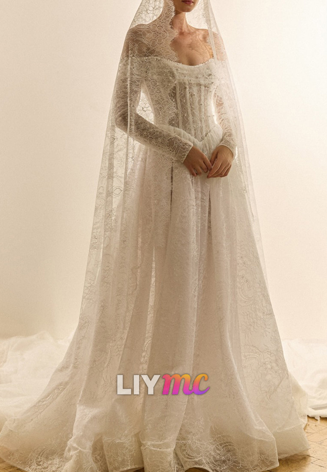 Off-Shoulder Long Sleeves Lace Appliques Pearl A-Line Wedding Dress