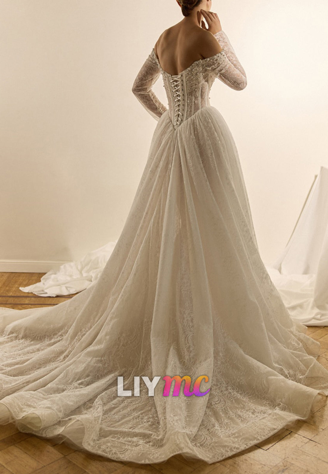 Off-Shoulder Long Sleeves Lace Appliques Pearl A-Line Wedding Dress