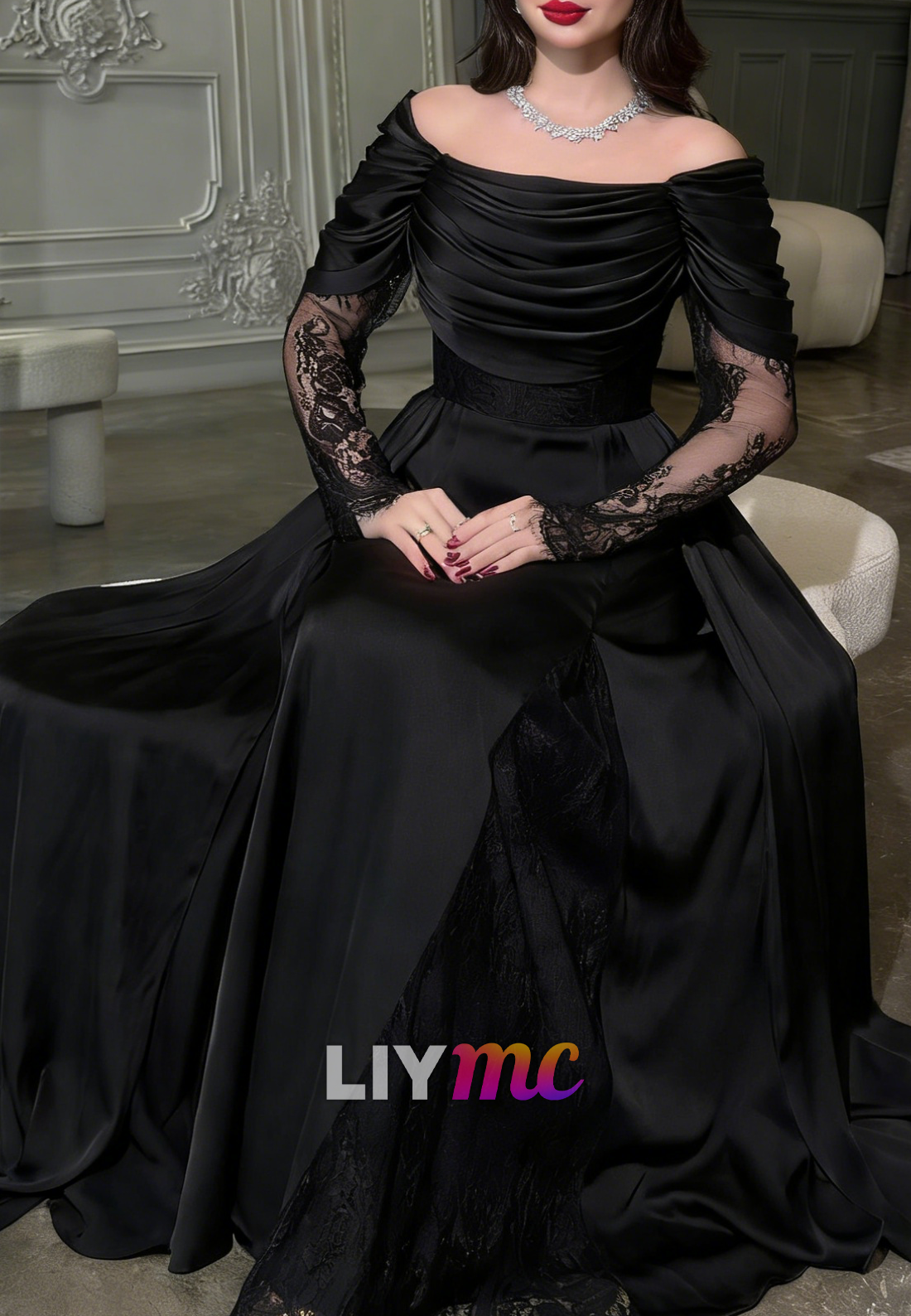 Off-Shoulder Long Lace Appliques A-Line Evening Dress